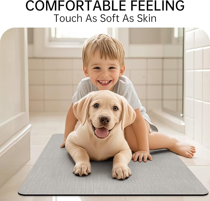 Mecko Bath Mat Rug, Ultra Thin Bathroom Rug -Rubber Non-Slip Quick Dry Absorbent Bath Mat Fit Under Door, Faux Suede Surface Bathroom Floor Mats for Bath, Shower, or Sink (Light Grey,20"x32")