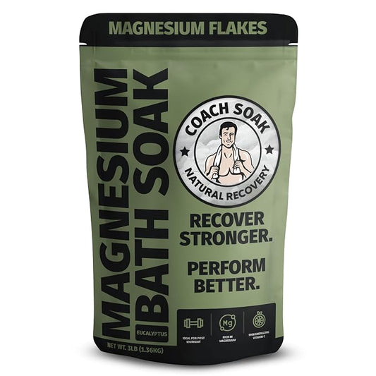 Coach Soak Recovery Bath Soak - Alternative to Epsom Salt Bath Soak - Fast-Absorbing Pure Magnesium Flakes & Dead Sea Salt with 21 Minerals, Bath Salts & Essential Oils - 3 lb, Eucalyptus Tee Tree | Epsom Salt Alternative, Fast-Absorbing Pure Flakes & ...
