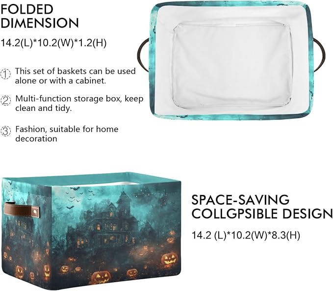 Halloween Castle Storage Basket with Waterproof Liner and PU Handles Spooky Bat Pumpkin Lantern Storage Bins Boxes 14.2" Collapsible Decorative Organizer Baskets for Bedroom Closet Office 2 Pack