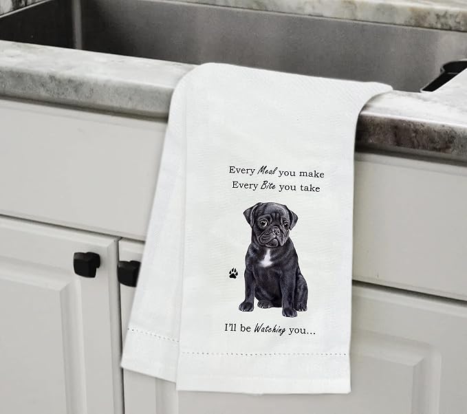 E&S Imports Black Pug Kitchen Towels - Soft, Highly Absorbent - Black Pug Gifts - Dish & Tea Towels - Reusable, Quick Drying - 100% Natural Cotton - For Pet Lovers