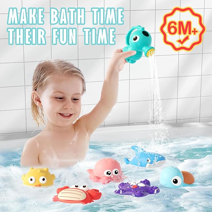 Mold Free Bath Toys for Toddlers 1-3, No Hole Ocean Animal Bathtub and Pool Toys with Mesh Organizer, Sensory Water Toys for Babies 6-12 Months, 9 Pack