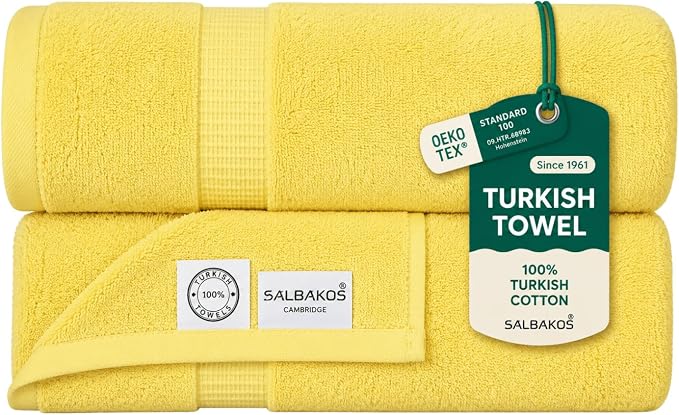 SALBAKOS 2-Piece 100% Turkish Cotton Extra Large Bath Towel 35x70 inch | Premium Hotel Quality Bath Sheet Towels | Thick, Soft, Absorbent, Oversized Bath & Beach Towels (Yellow, 2 Bath Sheets)