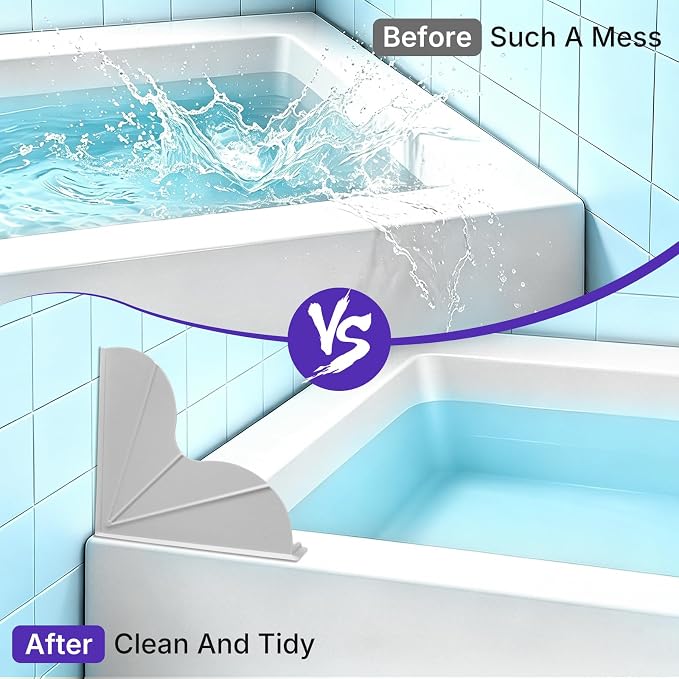 BUCABUCA 2-Pack Silicone Shower Splash Guard with Strong Suction Cups, No Adhesive L-Shaped Bathroom Water Splash Blocker, Reusable Silicone Water Guard for Bathtub, Washbasin, Kitchen Sink (Grey)