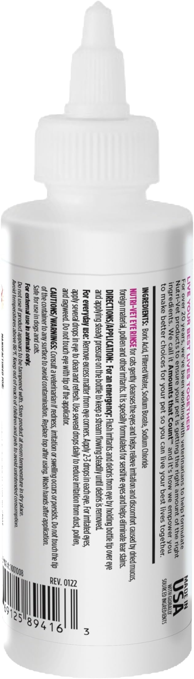 Nutri-Vet Cat Eye Rinse, Sterile Solution Gently Cleanses Eyes and Surrounding Tissue, Removes Debris Pollen and Mucus, Relieves Irritation, Helps Reduce Tear Stains, Sensitive Ophthalmic Flush, 4oz