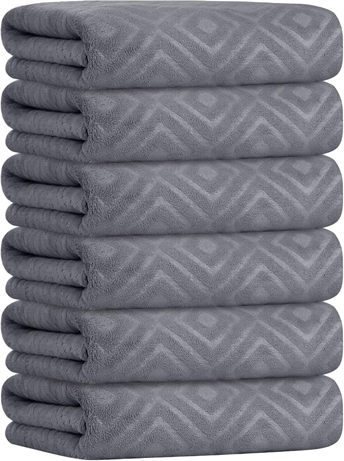 JML Bath Towel, Microfiber Bath Towels Set 6 Pack (30" x 60") - Large Size, Extra Absorbent, Quick Drying, Grey Diamond Embossed