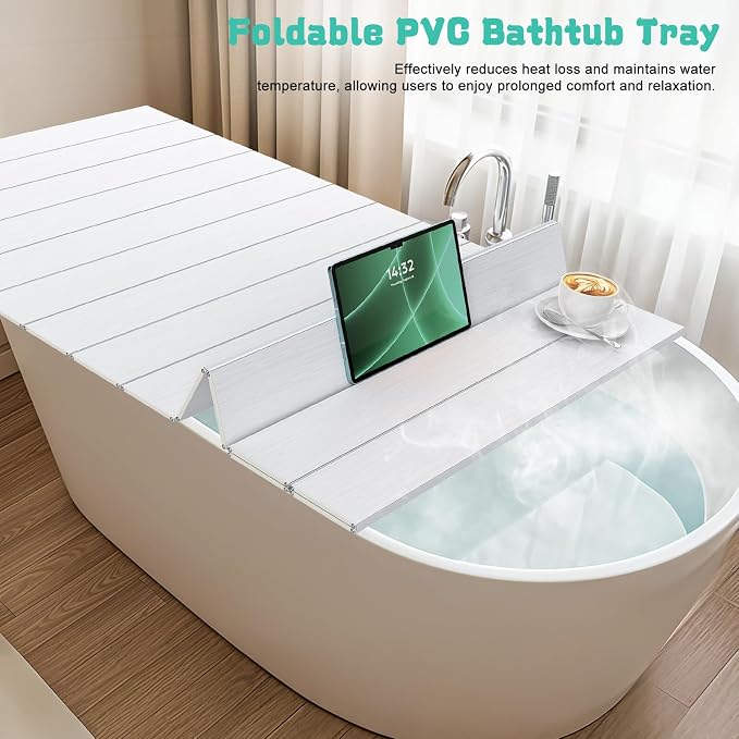 Foldable Bathtub Cover, Bathtub Tray, PVC Waterproof Bath Tray Table Topper with Thermal Insulation & Dust Protection, Folding Bath Tub Tray Table for Reading, Tablet, Wine Glass, Fits Most Bathtubs