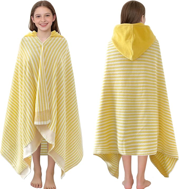 VOOVA & MOVAS Yellow Striped Hooded Beach Towel for Teens & Big Kids (8Years Up), Soft Absorbent 100% Cotton Thick Towel Wrap for Girls, Beach Pool Swim Bath Cover-Up
