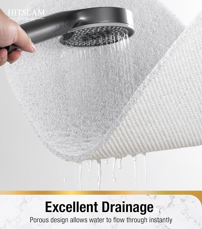 HITSLAM Oval Loofah Shower Mat Non Slip, 27x16 Inch, White | Bath Mat for Textured Tub & Inside Shower Stall, No Suction Cups Quick Drying PVC Porous Floor Mat, Soft Foot Exfoliating