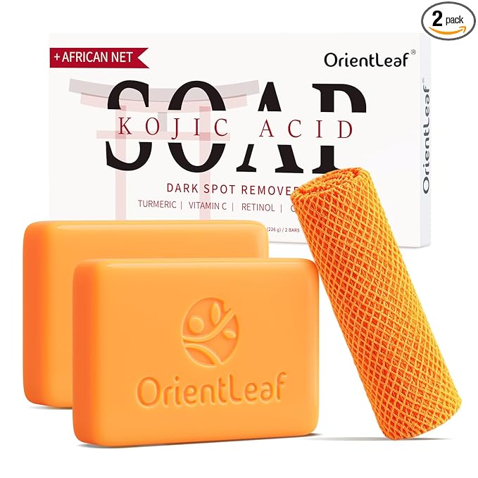 ORIENTLEAF Kojic Acid Soap with African Sponge Net, 4oz Turmeric Soap Bar, Fresh Citrus Scent, Gentle for Face and Body Wash with Vitamin C, Retinol (2 Pack)