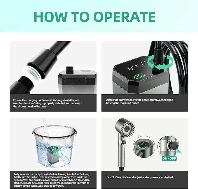 Portable Shower for Camping with Rechargeable 8000mAh Battery, Intelligent LED Display, 4 Spray Modes
