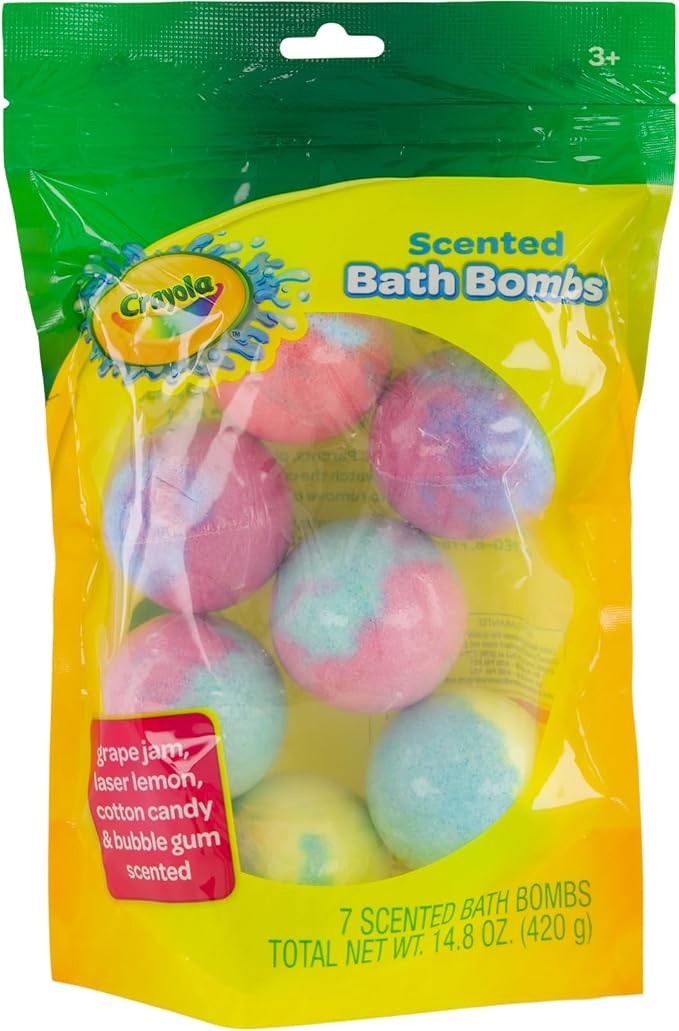 Crayola Colorful Scented Bath Bombs for Kids, Color You Bath Non-Toxic Bathbomb Fizzies for Boys Girls Holiday Stocking Stuffer, Grape Jam, Laser Lemon, Cotton Candy, & Bubble Gum Scents (Pack of 2)