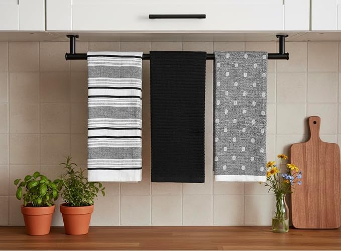 Black White Kitchen Hand Dish Towels: Oversized 28" x 16",100% Cotton Cloth Soft Cleaning Drying Absorbent Striped Solid Polka Dot Design, Set of 3 Multipurpose for Everyday Use (Black Austin)