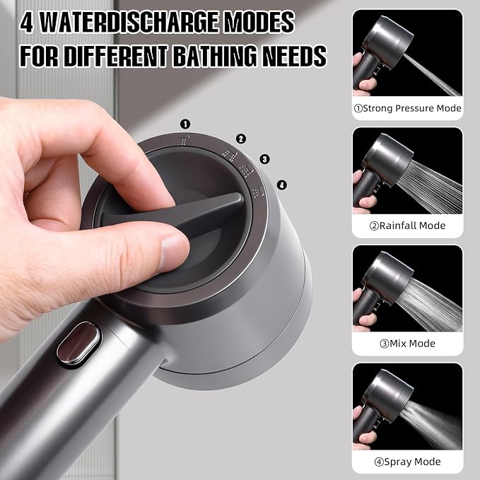 Handheld Filtered Shower Head - High Pressure 4-Spray, 7 Filters, 59" Hose & 2 Brackets, for Hard Water, Pet & Tile, Thick ABS