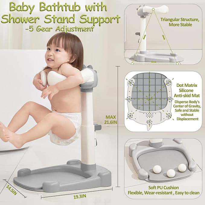 Upgraded Baby Shower Stand, Adjustable Height & Foldable Baby Standing Bath with Anti-Slip Base, Anti-Pinch Silicone, Ideal Gift for Infants 6-36 Months -Grey