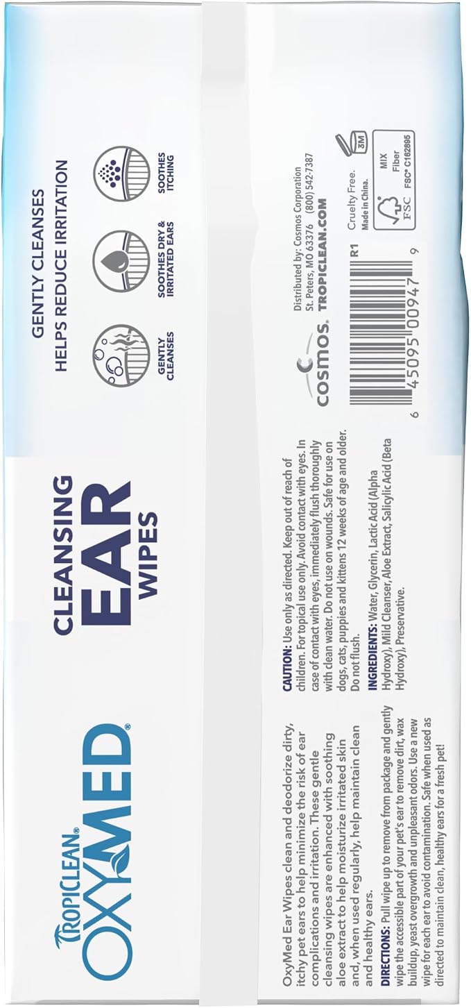 TropiClean Oxymed Soothing Ear Wipes for Dogs & Cats, Anti-Itch Relief, 50 Count