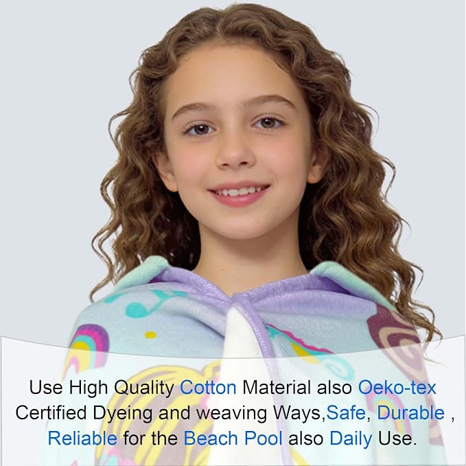 VOOVA & MOVAS Mermaid Hooded Beach Towel for Teens & Big Kids 8Years Up, Soft Absorbent 100% Cotton Thick Towel Wrap for Girls, Beach Pool Swim Bath Cover-Up