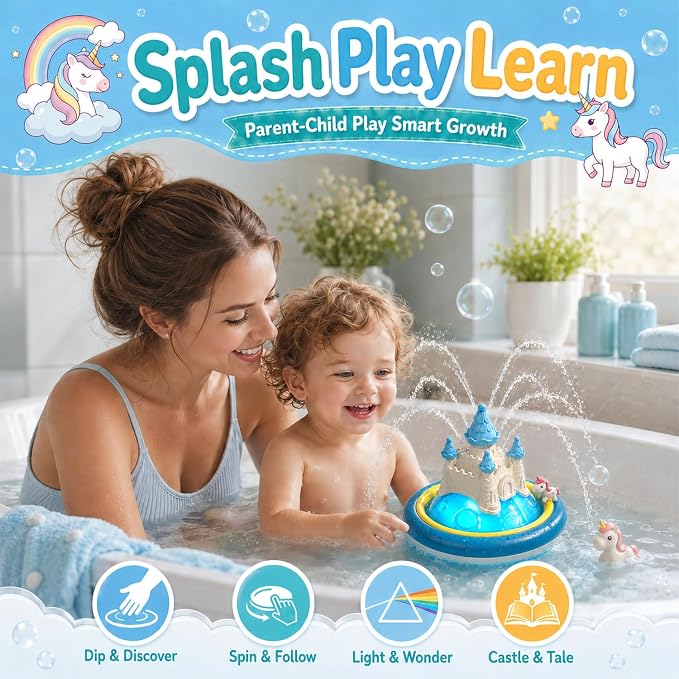 Baby Bath Toys for Toddlers, Unicorn Light Up Bathtub Toy for Toddler, LED Color-Changing Lights and Automatic Water Spray Castle Bathtub Water Toy for Kids 1 2 3 4.