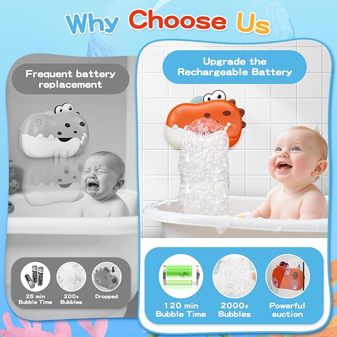 Baby Bath Toys for Kids Ages 1-3 4-8, Rechargeable Dinosaur Bath Bubble Machine with Music for Toddlers, Baby Bathtub Toys, Easter Basket Stuffers, Bath Bubble Maker for Toddlers Kids Boys Girls