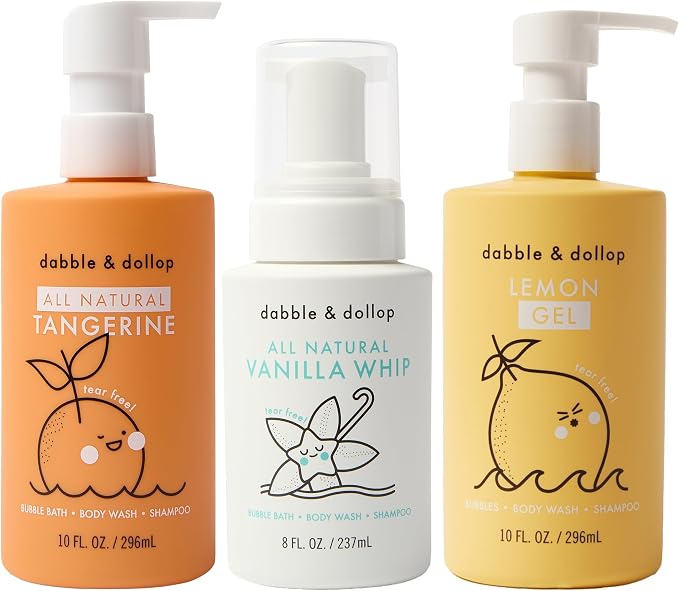 Dabble & Dollop Sunshine Kids 3-in-1 Body Wash, Shampoo & Bubble Bath Variety Set – Tangerine, Lemon & Vanilla, Tear-Free, Gentle, Hypoallergenic and Safe for Sensitive Skin (Pack of 3)