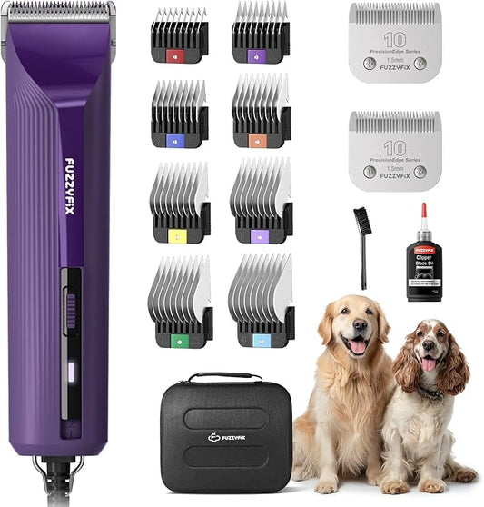 AmpFix Professional Dog/Pet Grooming Clippers - 2-Speed Heavy-Duty Motor, 2 Detachable Blade 8 Metal Combs, 10ft Cord, Runs Cool & Quiet, Anti-Slip Shatter-Proof Housing for All Animal Coats