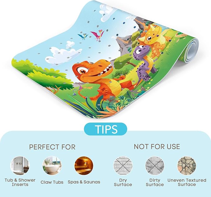 SHUCHING Baby Bath Mat for Tub Non Slip-40 X 16 Inch, Dinosaur | Bathtub Mat for Kids & Toddler Mold Free, Long Shower Mat for Inside Shower with Suction Cup, Machine Washable