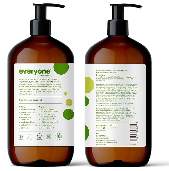Everyone 3-in-1 Kids Soap, Body Wash, Bubble Bath, Shampoo, 32 Ounce (Pack of 1), Tropical Coconut, made with Essential Oils for Toddlers, Tweens and Teens