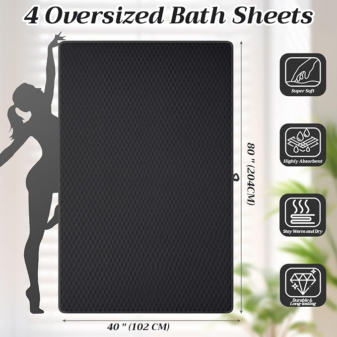 Peryiter 4 Pcs Oversized Bath Towels 40'' x 80'' Black Extra Large Microfiber Bath Sheet Jumbo Big Coral Velvet Highly Absorbent Bathroom Towels for Adult Body Beach Home