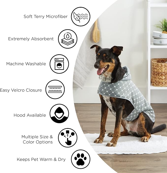 Bone Dry Pet Robe Collection, Embroidered Absorbent Microfiber Bath Robe with Adjustable Closure, for Dogs & Cats, Small, Lavender
