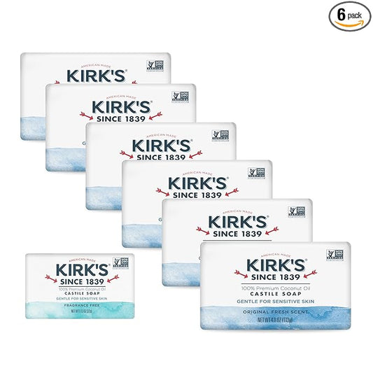 Kirk's Castile Bar Soap, Original Fresh Scent - Clinically Tested, Safe for Sensitive Skin with Coconut Oil, Vegan and Non-GMO - 4 oz Bars, 6 Pack and Fragrance Free Travel Bar