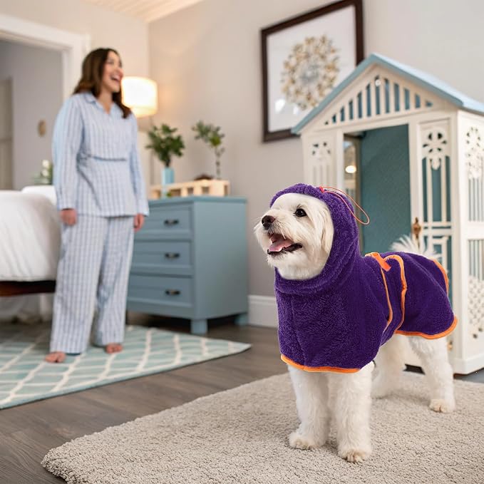 EXPAWLORER Soft Dog Bathrobe with Hood, Super Absorbent & Quick-Drying Dog Towels, Cozy Drying Coat for After Bath,Swimming, Purple S
