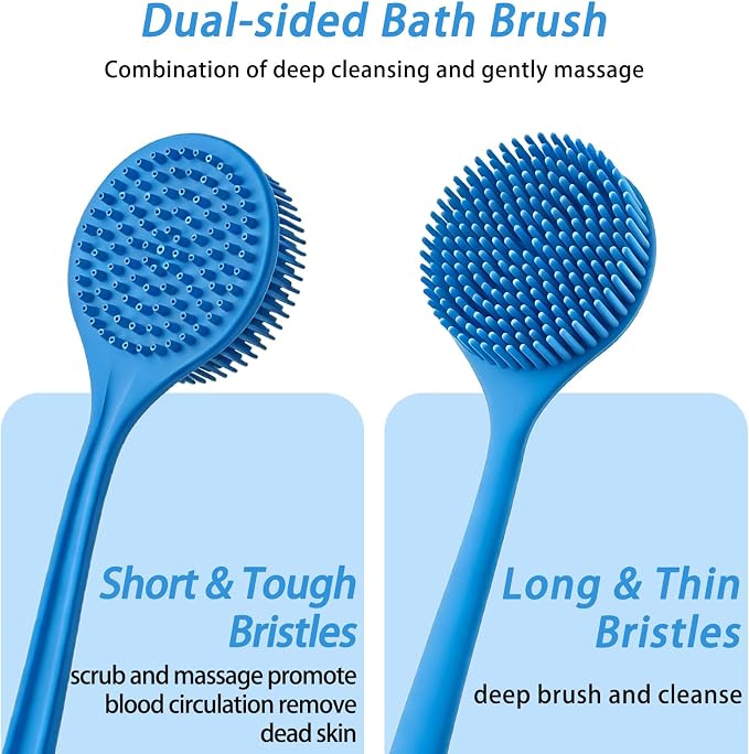 Silicone Back Scrubber for Shower, 17in Lengthen Long Handle Body Brush, Double Sided Shower Brush for Shower Exfoliating and Massage,Includes 2 Hooks (Blue)