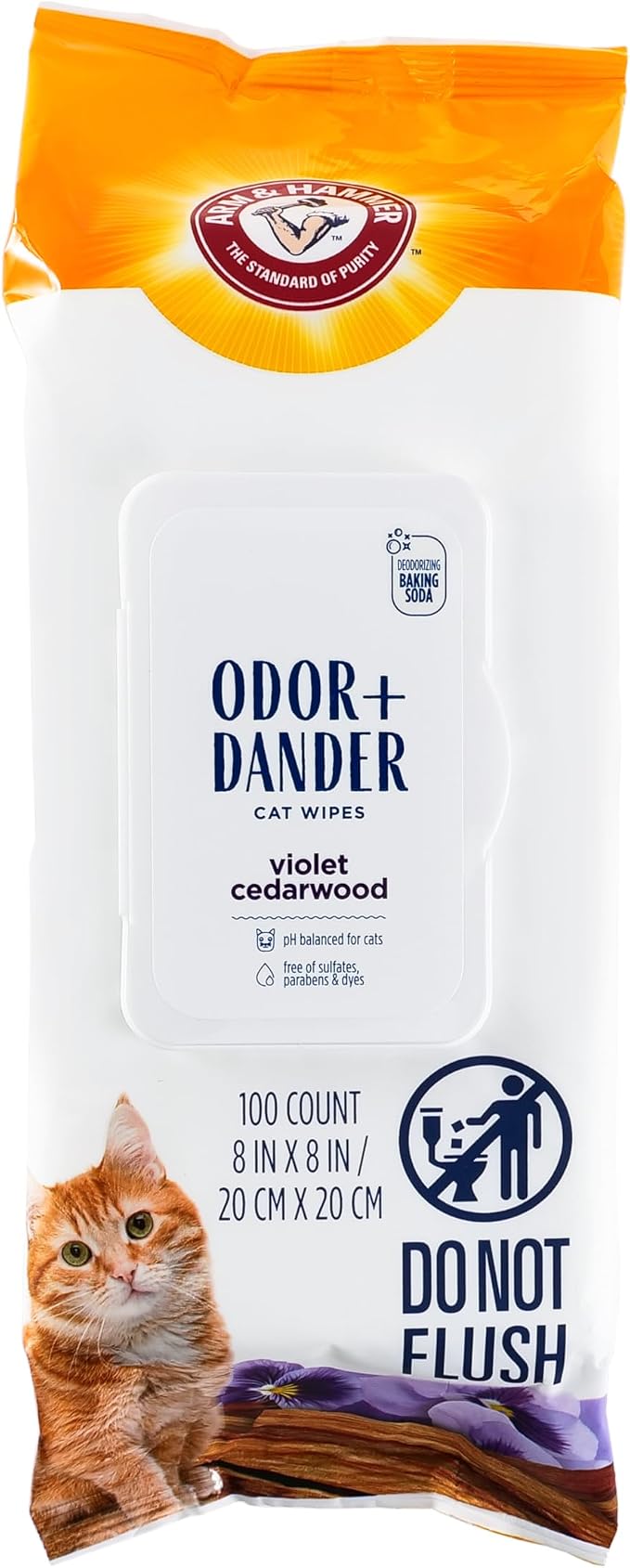 Arm and Hammer for Pets Odor Control Wipes for Cats, Violet Cedarwood Scent - Odor Eliminating Waterless Wipes with Baking Soda Between Baths, Safe Formula, 100 Count