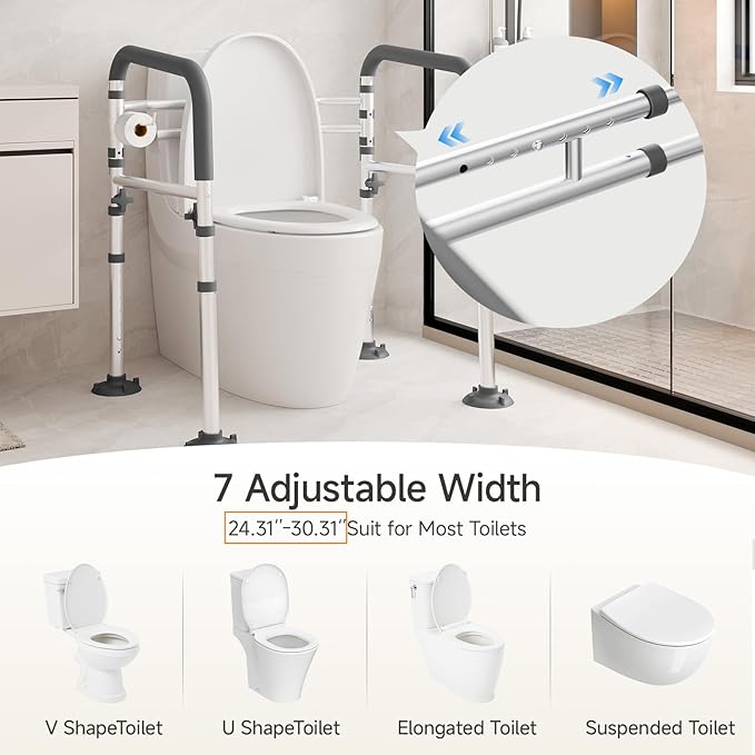 Loyoda Toilet Safety Frame for Seniors, Adjustable Toilet Safety Rail | Height& Width Adjustable, Padded Armrests, Foldable Aluminum Support Frame for Elderly, Disabled, Pregnant, 350 lb, Gray