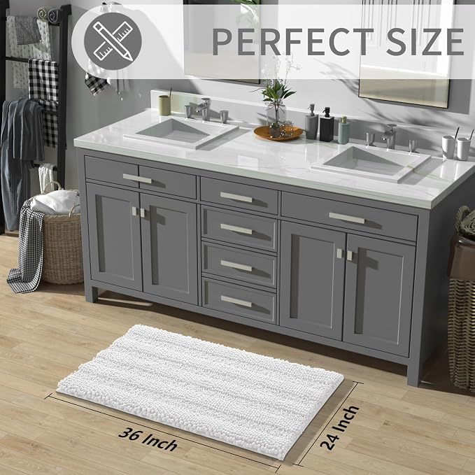 Yimobra Bathroom Rug Mat 36 x 24, Non Slip and Super Absorbent Bath Mat,Machine Washable Quick Dry,Ultra Plush Chenille Shower Rugs for Bathroom Floor Sink Tub and Shower Outside,White