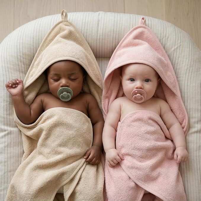 Hooded Baby Towels – 100% Organic Cotton Baby Bath Towels – Baby Girl Newborn Essentials - Super-Soft and Absorbent.. (2-Pack Fog and Blush)
