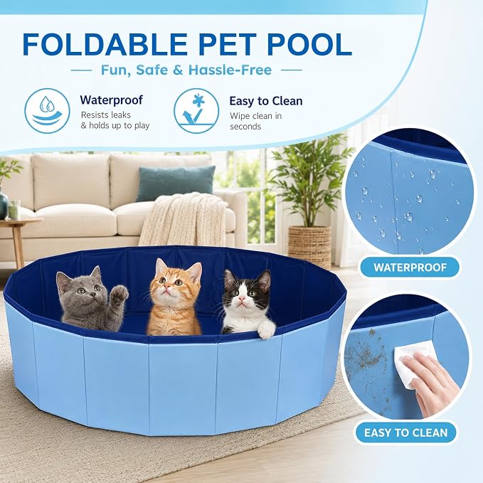 Cat Bath Tub, Foldable Cat Bath Pool with Water Drain Plug, Space Saving Pet Bathtub for Pet Puppy Dogs Cats, Easy to Clean, Can be Used Indoors or Outdoors
