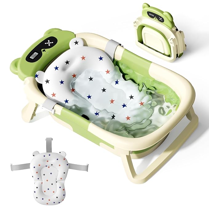 Baby Bathtub,Foldable Baby Bath Tub for Newborn to Toddler (0-18 Months) – Collapsible Infant Tub for Travel with Thermometer, Soft Cushion,Green