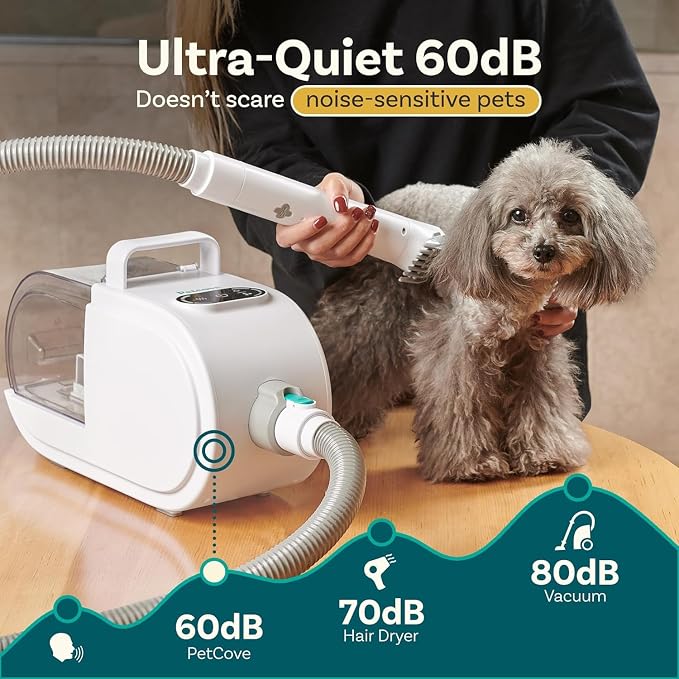 PetCove Dog Grooming Kit – Pet Clippers, Nail Grinder & Blow Dryer with Quiet 3-Speed Suction, 3 Heat Settings, 2.6L Dog Hair Vacuum Dust Bin, HEPA System, Self-Cleaning Brushes