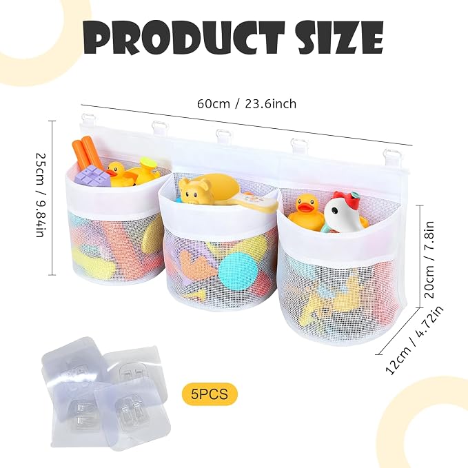 Bath Toy Storage Organizer, Multi-Use Mesh Net for Bathtub Toys, Shower Toy Holder Basket, Fits for Bathroom Wall, Shower Area, Tub Side and Poolside, Fast Draining, White