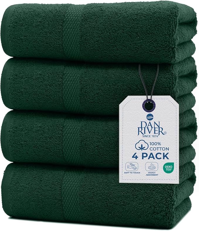DAN RIVER Large Bath Towels Set of 4, 27 x 54 Inches, 600 GSM Larger & Lighter Weight Towels for Bathroom - Highly Absorbent & Quick Dry 100% Cotton Bath Towel Set for Home, Spa & Hotel - Huntergreen