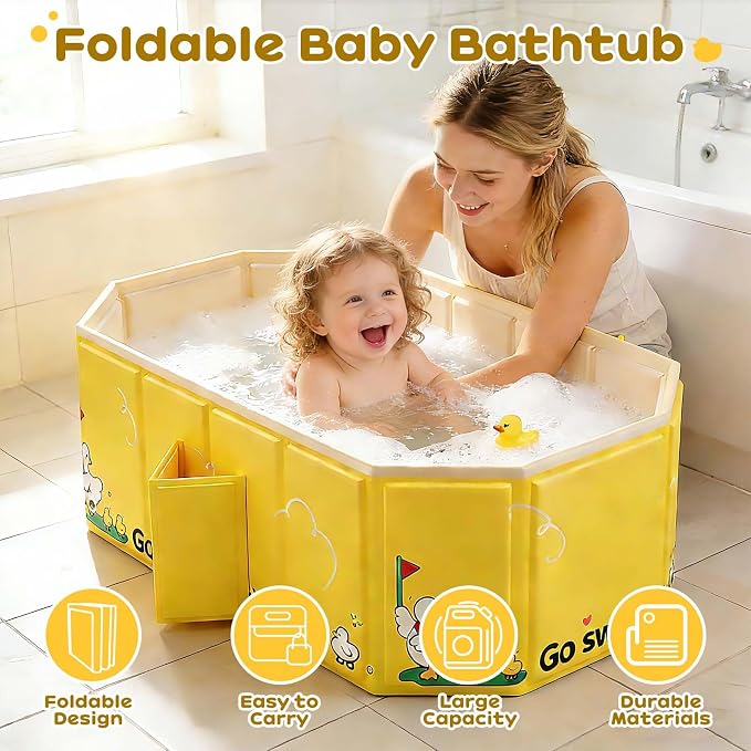 Collapsible Baby Bathtub, Portable Toddler Bathtub with Dual Drain, Foldable Baby Bath Tub for Shower Without Assembly, Small Water Play Pool for Travel & Home, Age 1-5