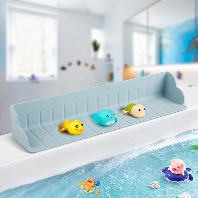 Bathtub Splash Guard for Tub, Silicone Bathtub Caddy Tray with Play Shelf, Kids Bath Tub Shelf and Organizer for Baby Bath Toys, Bath Toy Holder, Toddler Bathtub Accessories(Classic Blue)