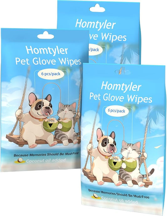 Homtyler Dog Wipes & Cleaning Gloves 2-in-1 for Dogs and Cats, Extra-Thick Pet Wipes with Coconut Oil for Lick-Safe Paws, Eyes, Ears & Body, Rinse-Free Waterless Bath for Deodorizing&Cleansing, 18 PCS
