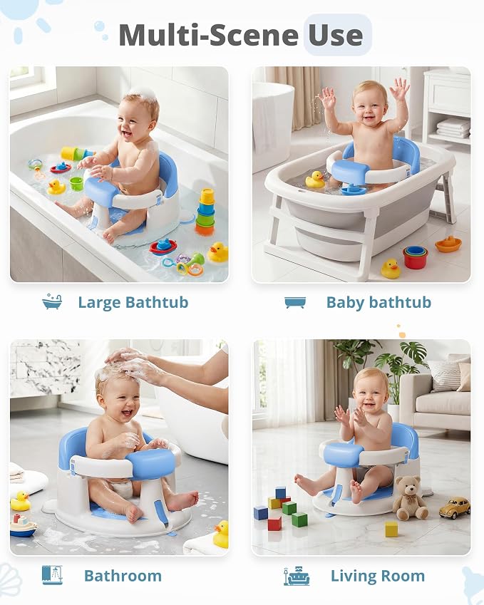 ONTHEWEI Baby Bath Seats for Babies Sitting Up, Non-Slip Baby Bathtub with 3 Suction Cups, Safe & Comfortable Toddler Bath Seat Ideal for Baby Bath/Shower Support, Stable Design, Blue (6-24 Months)