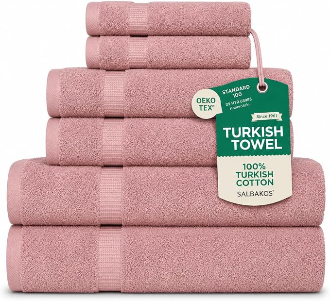 SALBAKOS 100% Turkish Cotton 6-Piece Towel Set | Heirloom Quality Hotel & Spa Collection | Ultra Soft, Super Absorbent 2 Washcloth, 2 Hand, 2 Bath Towel Sets | Made in Turkey (Rose, 6 Piece Towel Set)