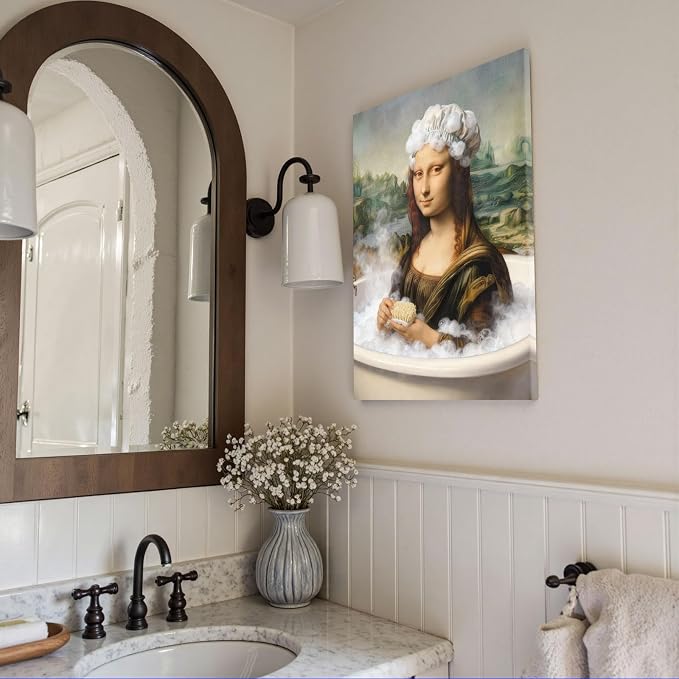 Whimsical Aesthetic Wall Prints – Funny Bathroom Playful Mona Lisa Bathing Art Posters for Home & Apartment Decor 8X12 in Unframed