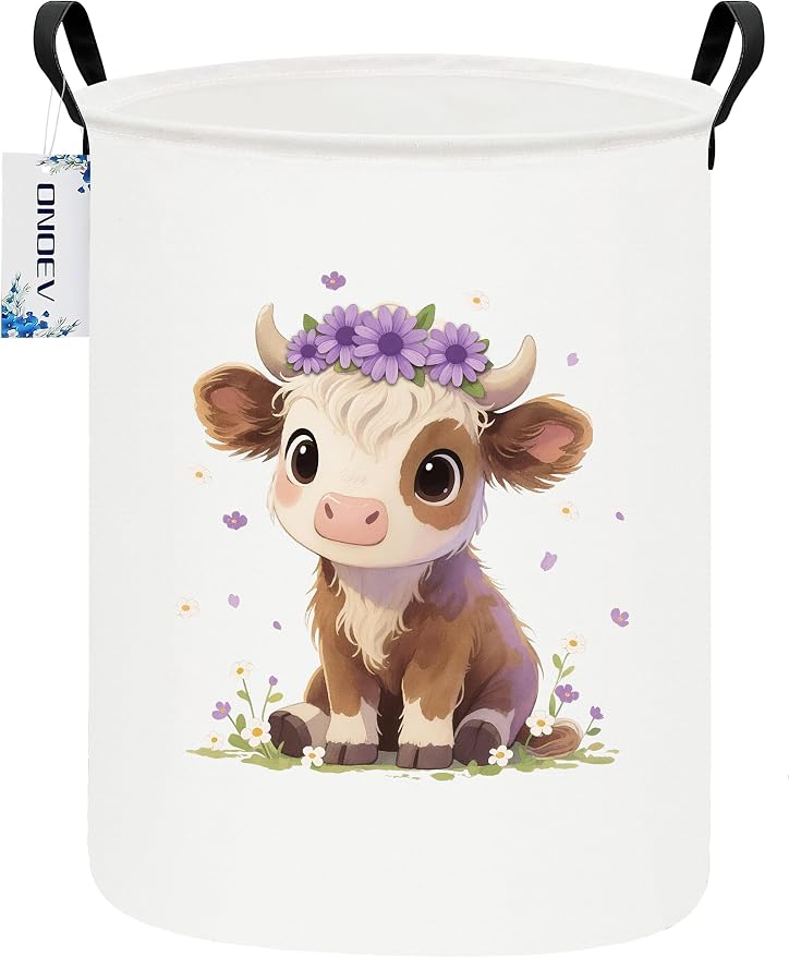 Round Cute calf Laundry Hamper, Household Storage Bin | waterproof foldable canvas bin with sturdy grip handles, large capacity, tidy organizer for bath linens and kids garments