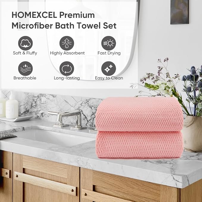 2-Pack Microfiber Bath Towels (27x54 Inches) - Ultra Soft & Quick Dry, 3X Absorbency, Lightweight for Gym, Yoga, Travel & Spa - Perfect for Home, Fitness & Post-Workout, Pink