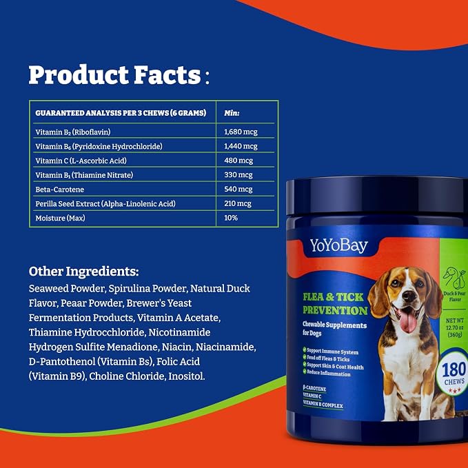 Flea and Tick Prevention for Dogs Chewable - 180 Soft Chews, Duck & Pear Flavor - Dog Flea and Tick Treatment Chewable, Natural Defense- Dog Immune Support Supplement