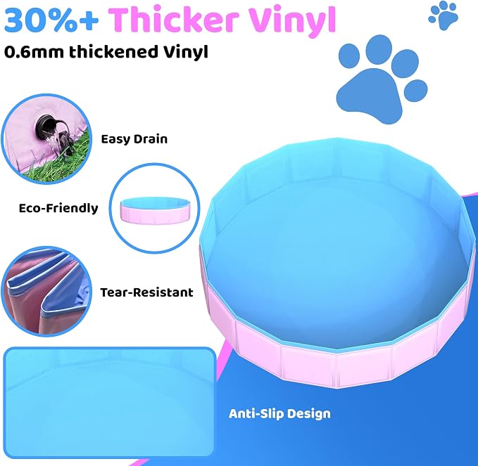 CACSPS 2025 Updated Foldable Dog Pool, 32" x 8" Kiddie Pool with Hard Plastic, Non-Slip Dog Bath Tub for Outdoor Backyard, Collapsible Dog Swimming Pool for Kids Dogs Pets (Pink)